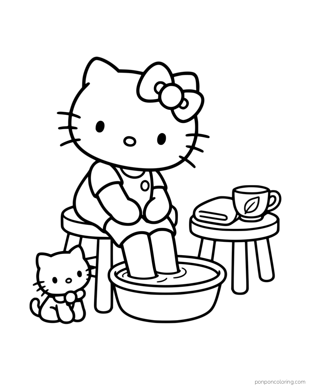 Hello Kitty soaking her feet in a basin beside a small cat and a table with a mug and towel.