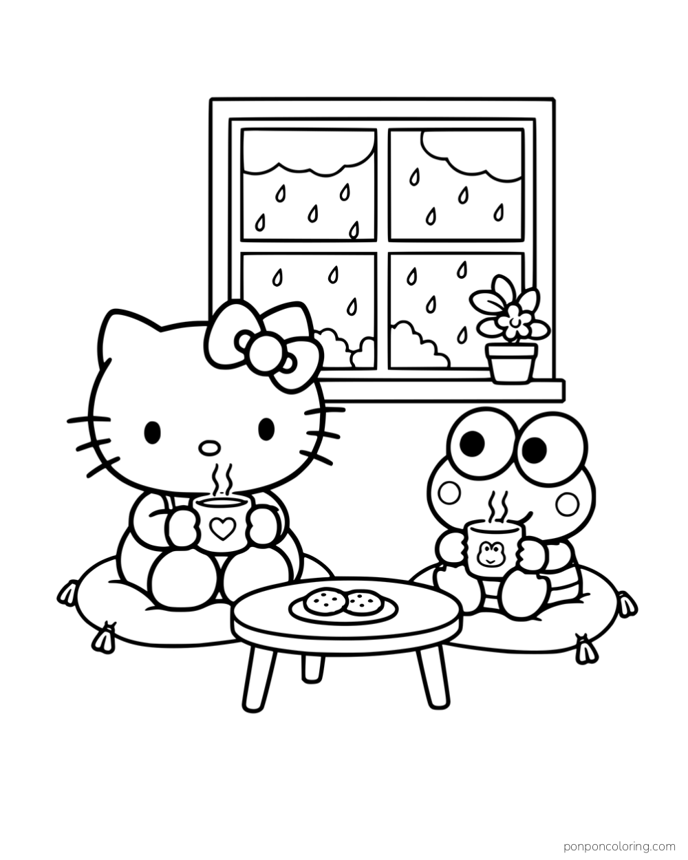 Hello Kitty and Keroppi holding warm drinks beneath a window with raindrops.
