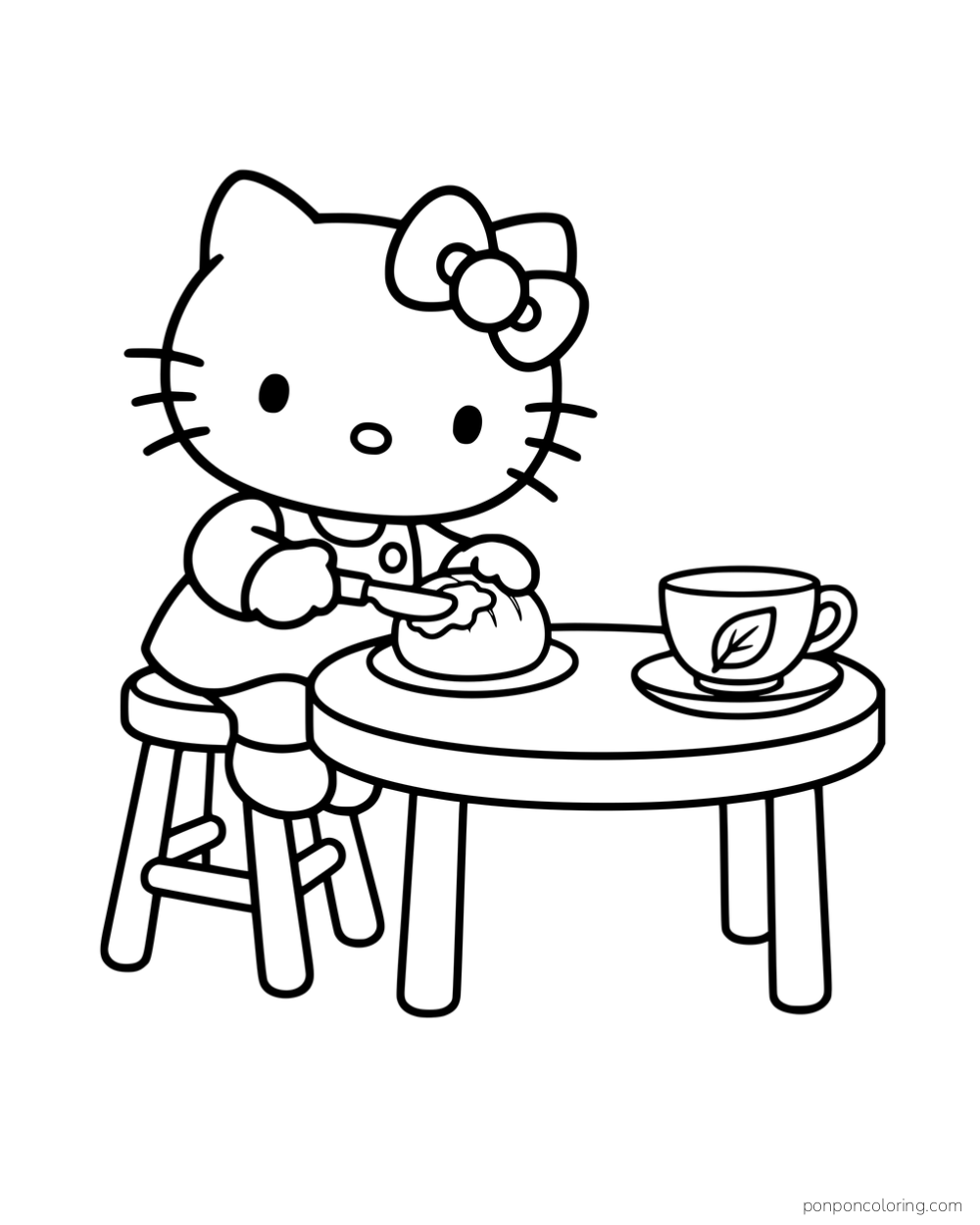 Hello Kitty buttering a bread roll beside a leaf-patterned teacup.