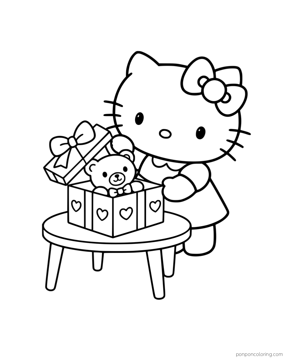 Hello Kitty opening a gift box with a teddy bear inside.
