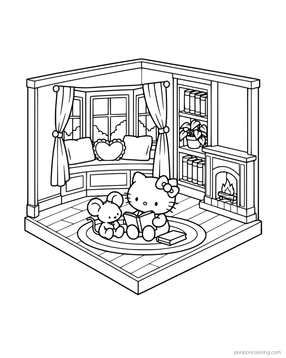 Hello Kitty reading with a small mouse on a rug in a room with a window seat, bookshelves, and a fireplace.
