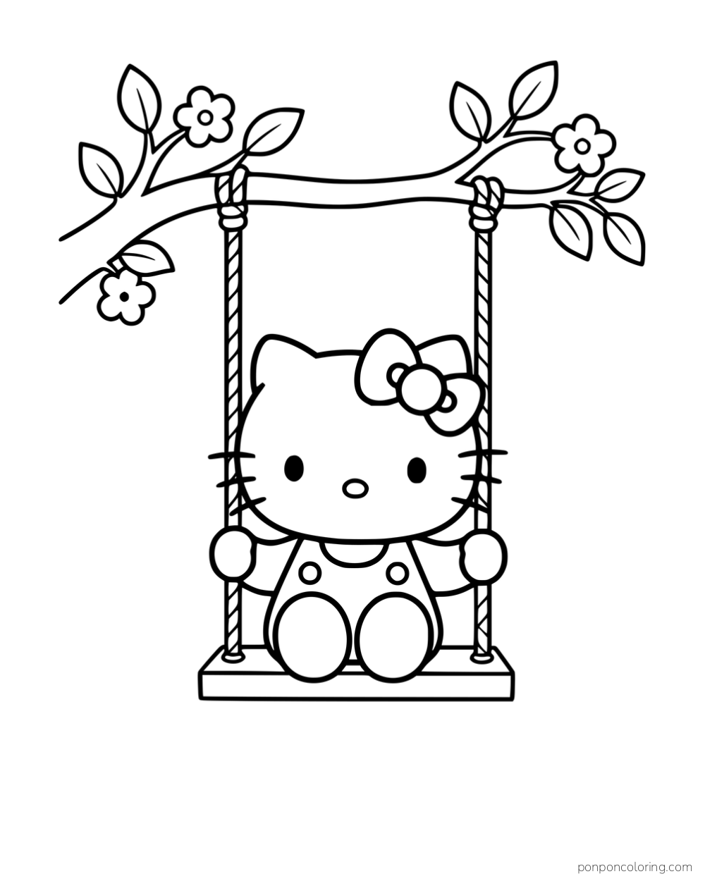 Hello Kitty sitting on a swing hanging from a flowering branch.