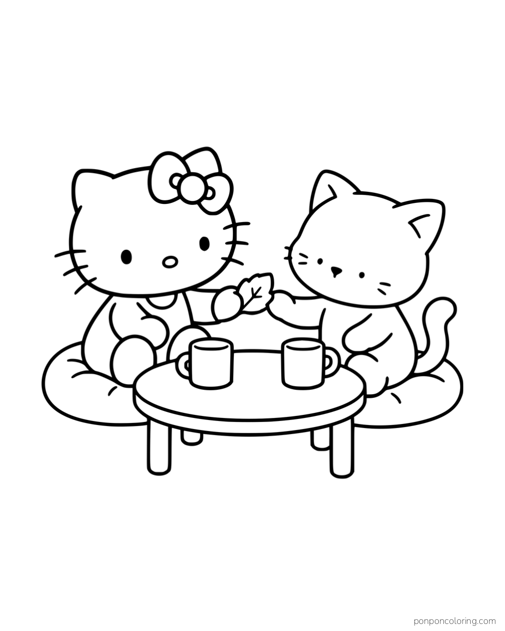 Hello Kitty and a cat sharing a leaf-shaped cookie at a low table with two mugs.