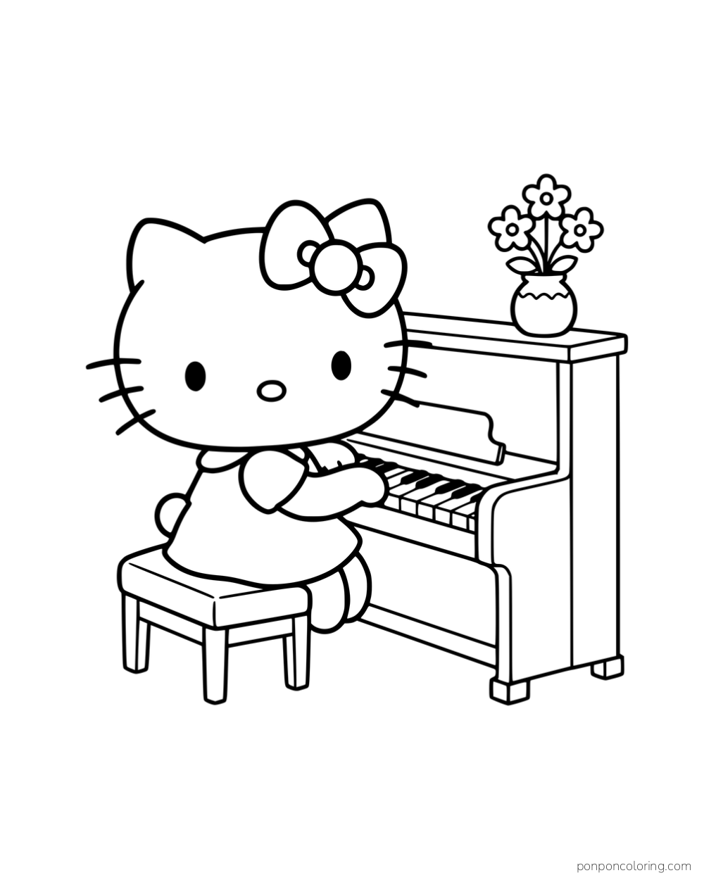 Hello Kitty playing an upright piano with flowers on top.