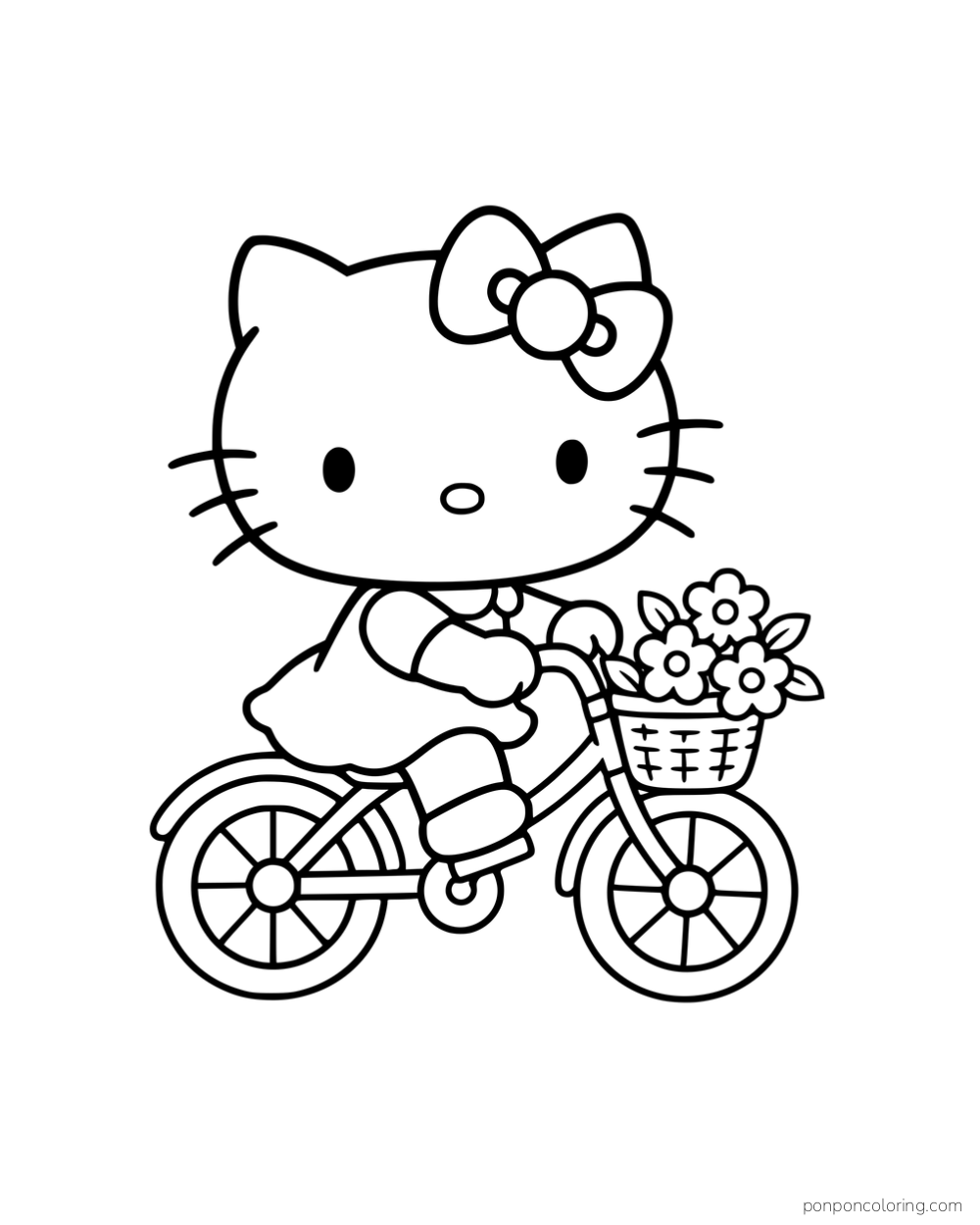 Hello Kitty riding a bicycle with a basket of flowers.