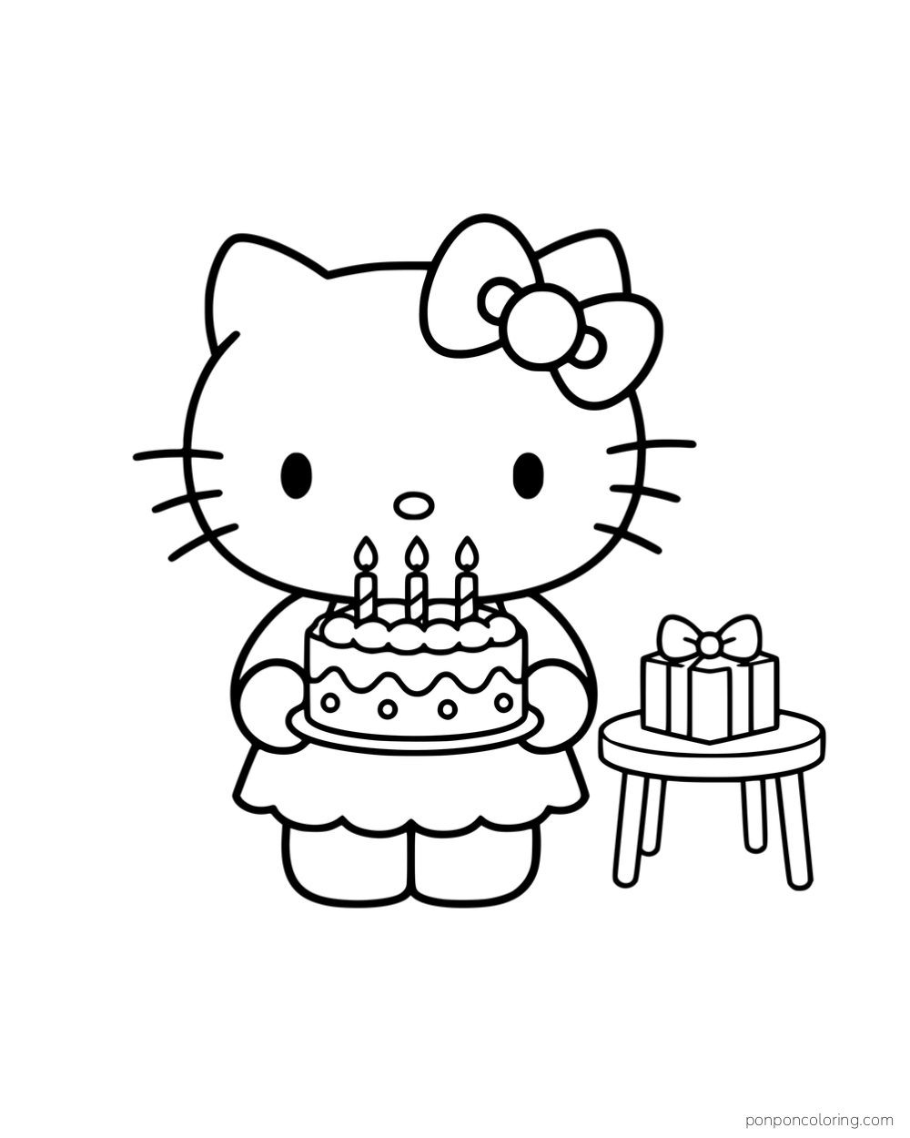 Hello Kitty holding a birthday cake with three candles beside a wrapped gift.