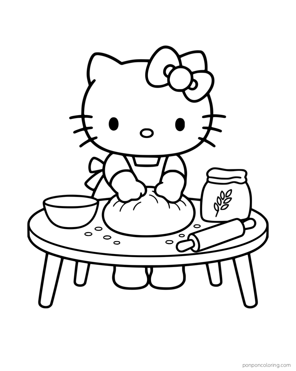 Hello Kitty kneading dough beside a bowl, a flour bag, and a rolling pin.