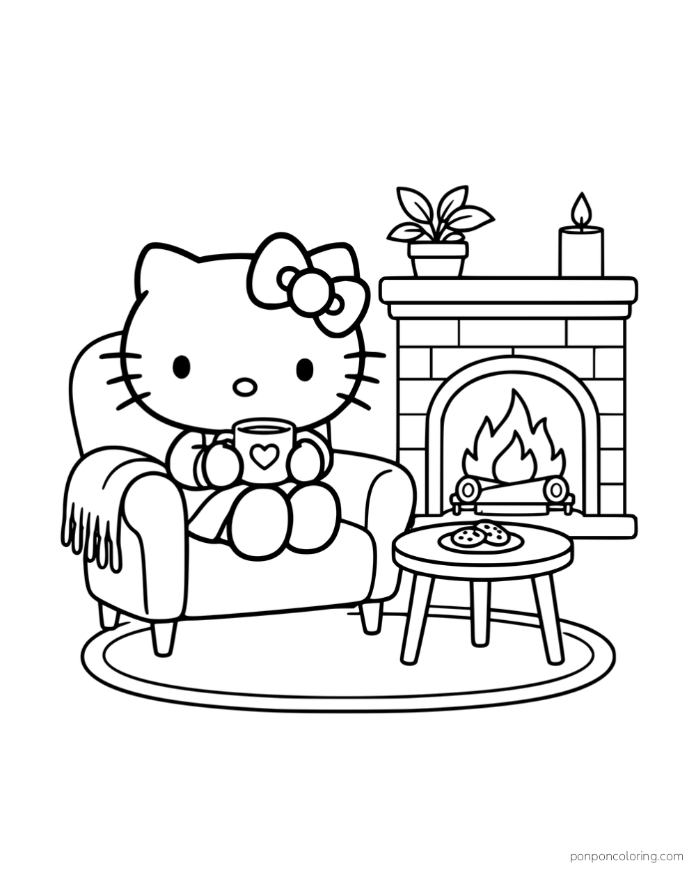 Hello Kitty holding a mug in an armchair beside a fireplace and a plate of cookies.