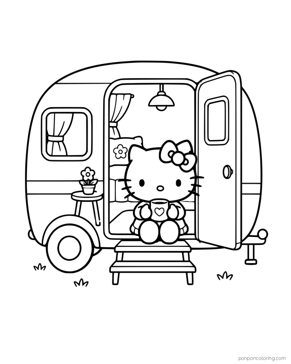 Hello Kitty sitting in the doorway of a small camper with a mug.