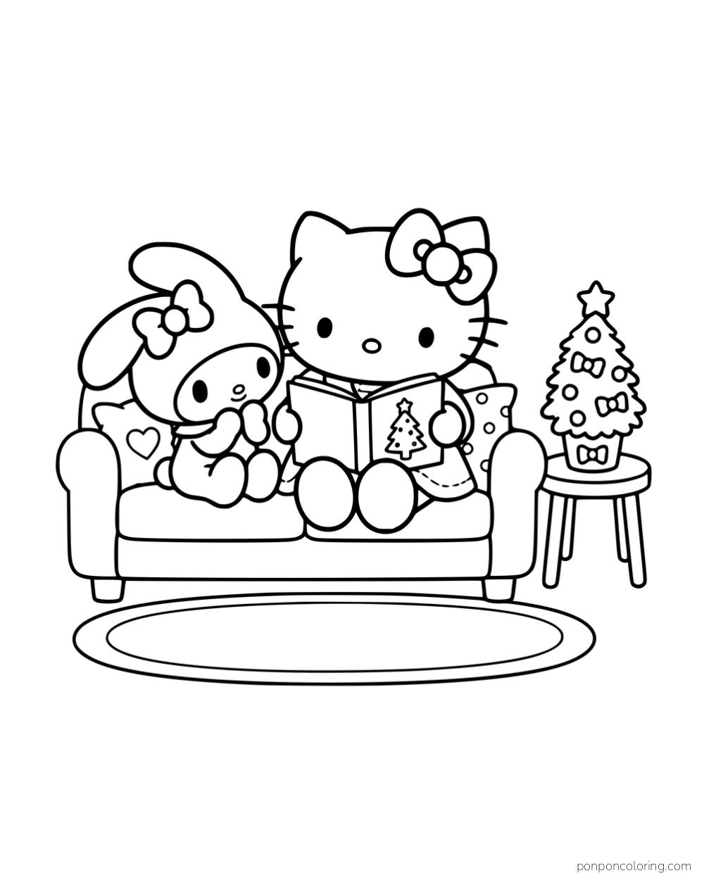 Hello Kitty reading a book with My Melody on a sofa beside a small Christmas tree.