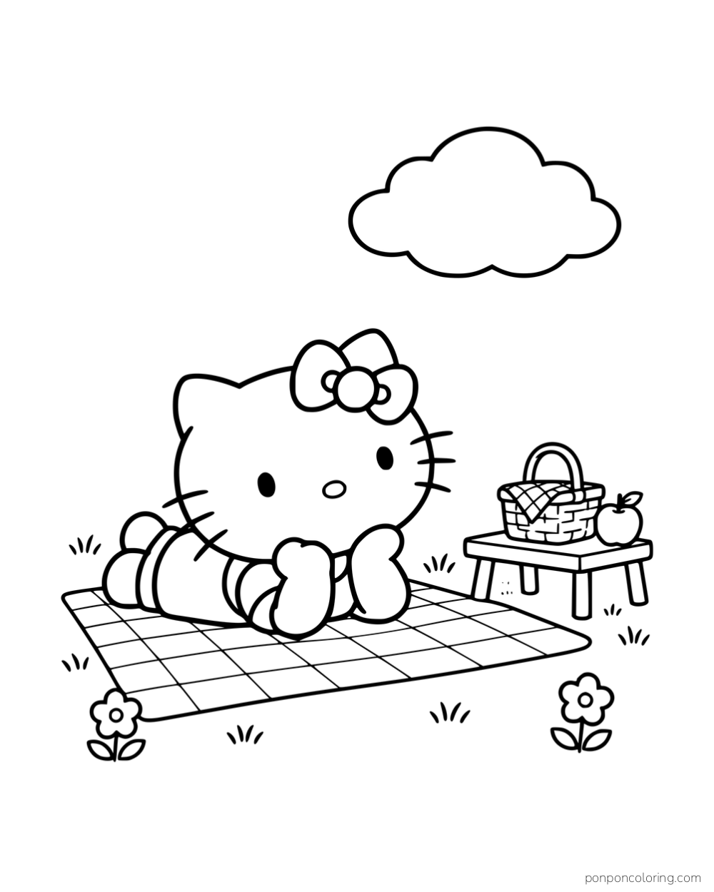 Hello Kitty lying on a picnic blanket beneath a cloud, with a basket on a low table nearby.