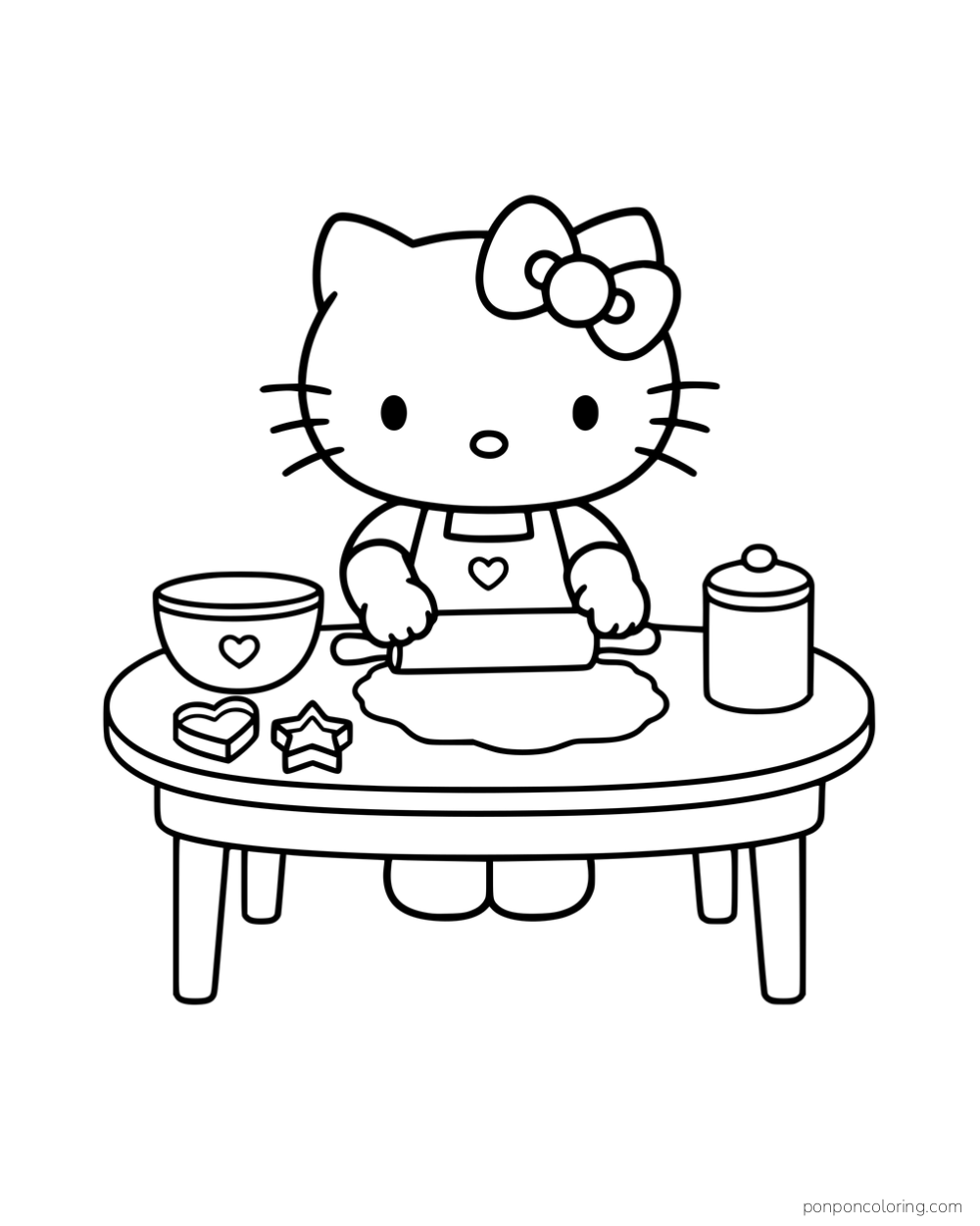 Hello Kitty rolling dough on a table beside cookie cutters, a bowl, and a jar.