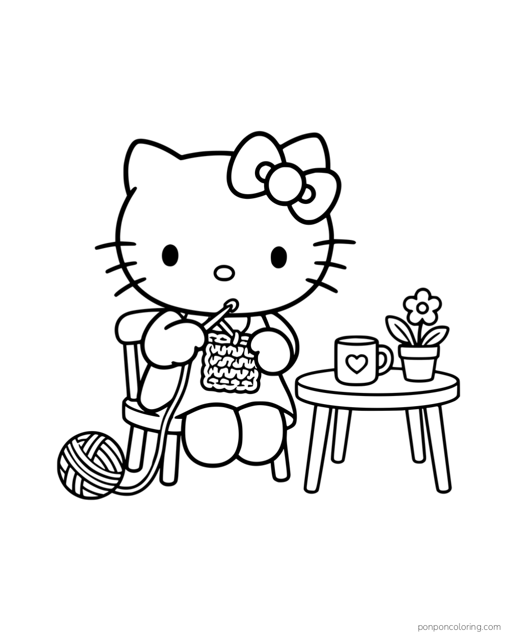 Hello Kitty crocheting beside a ball of yarn and a small table with a mug and plant.