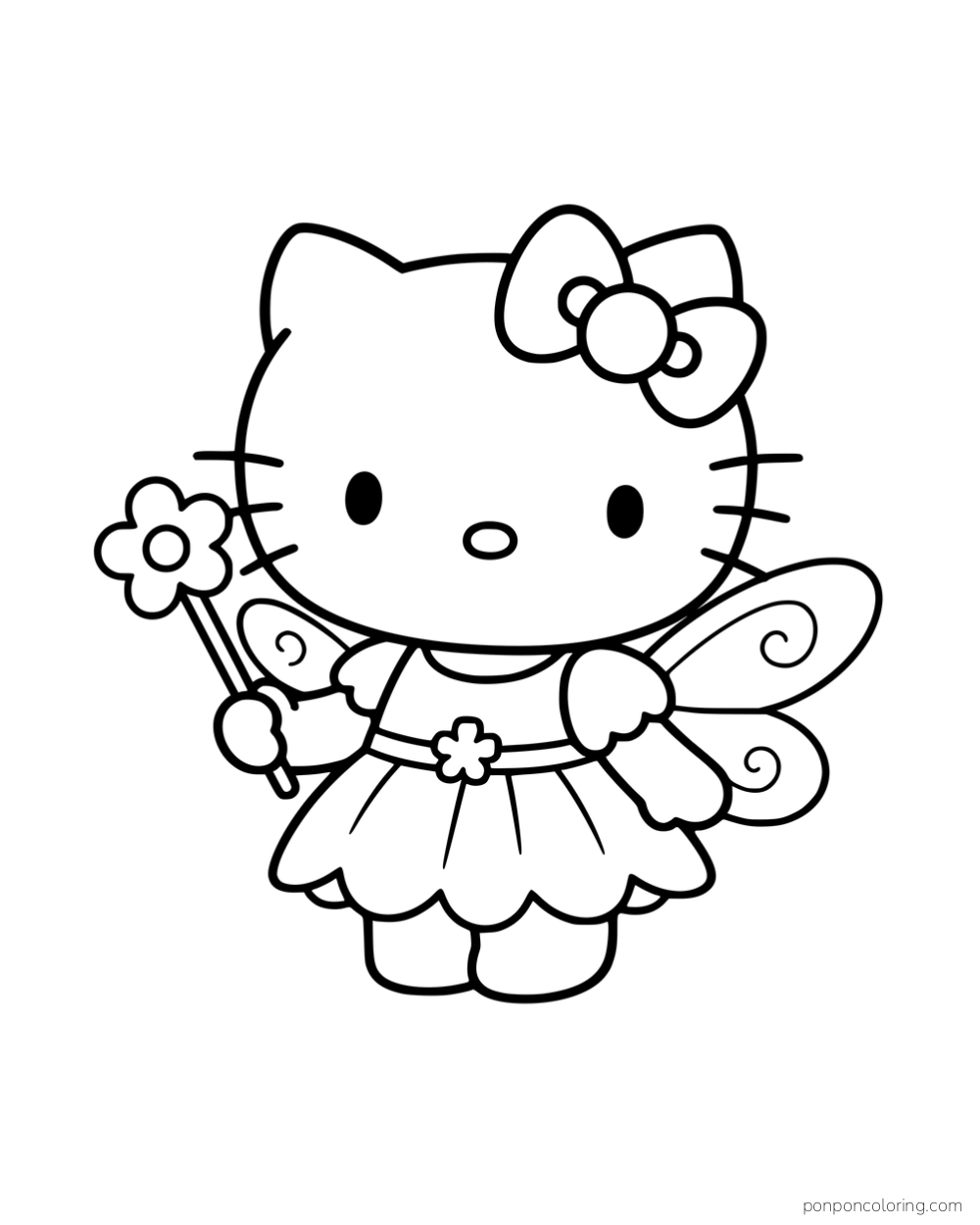 Hello Kitty wearing fairy wings and holding a flower wand.