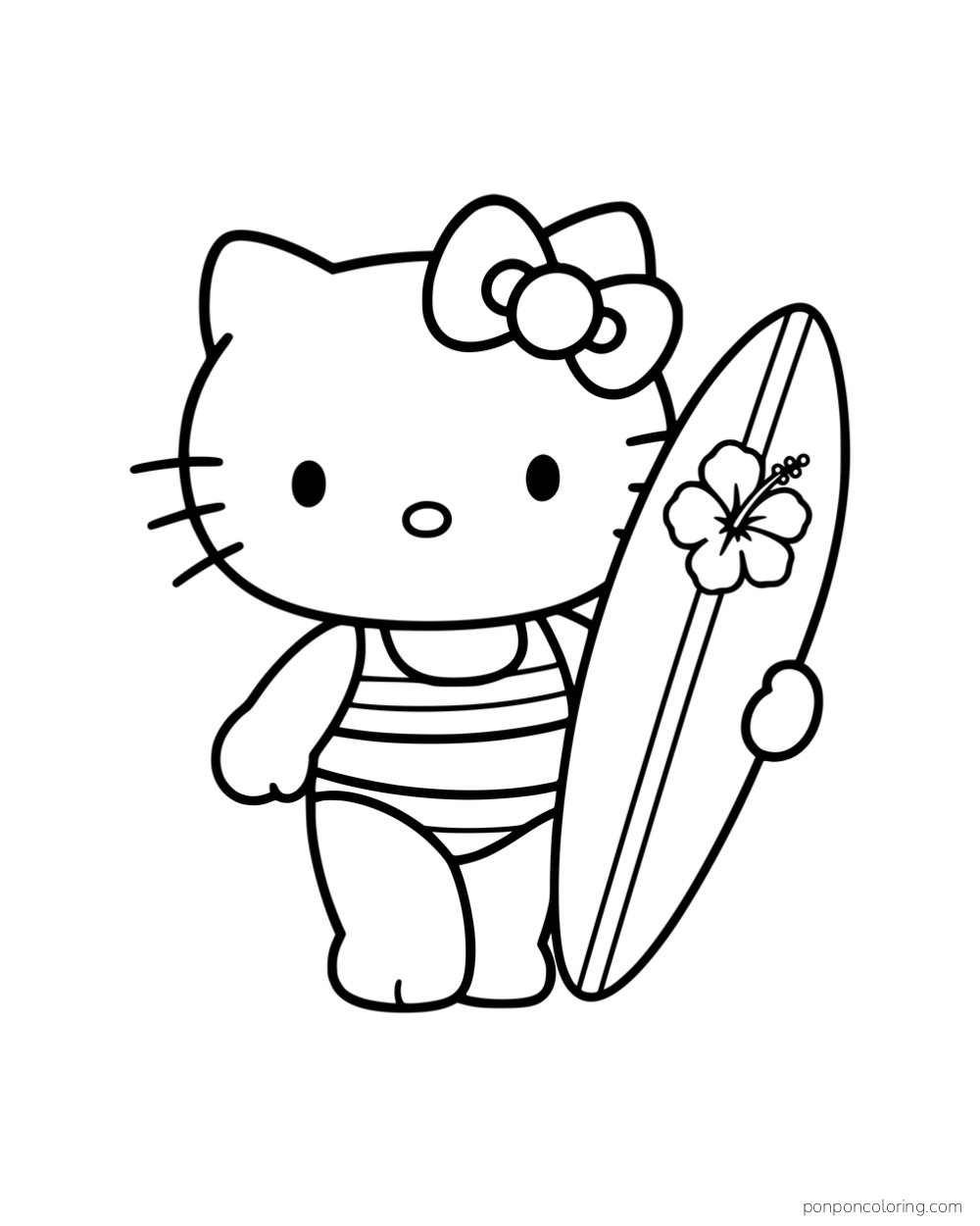 Hello Kitty holding a surfboard decorated with a flower.