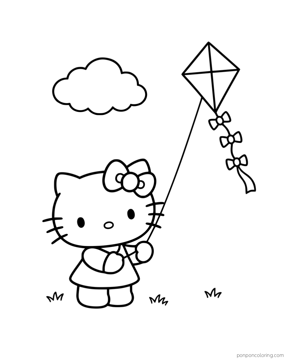 Hello Kitty flying a diamond-shaped kite beneath a cloud.