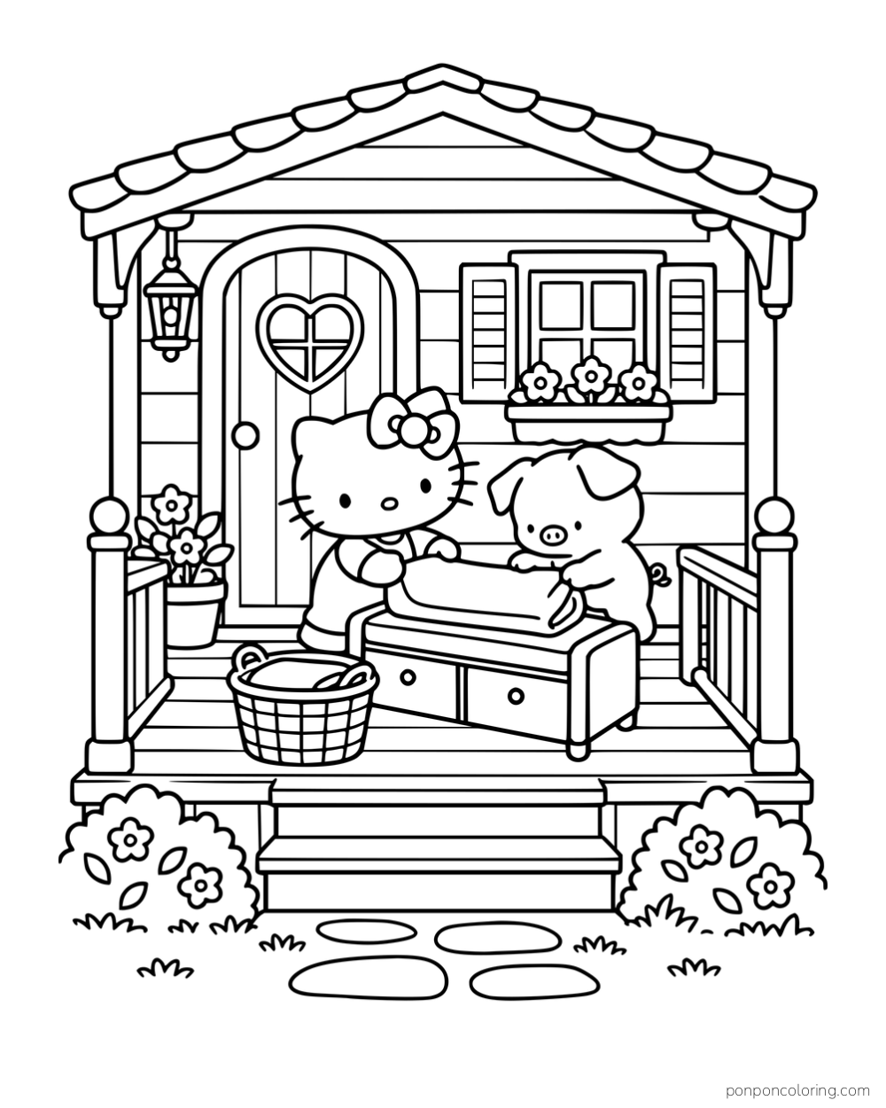 Hello Kitty and a pig folding a towel on a bench on a cottage porch with a door, shutters, and steps.