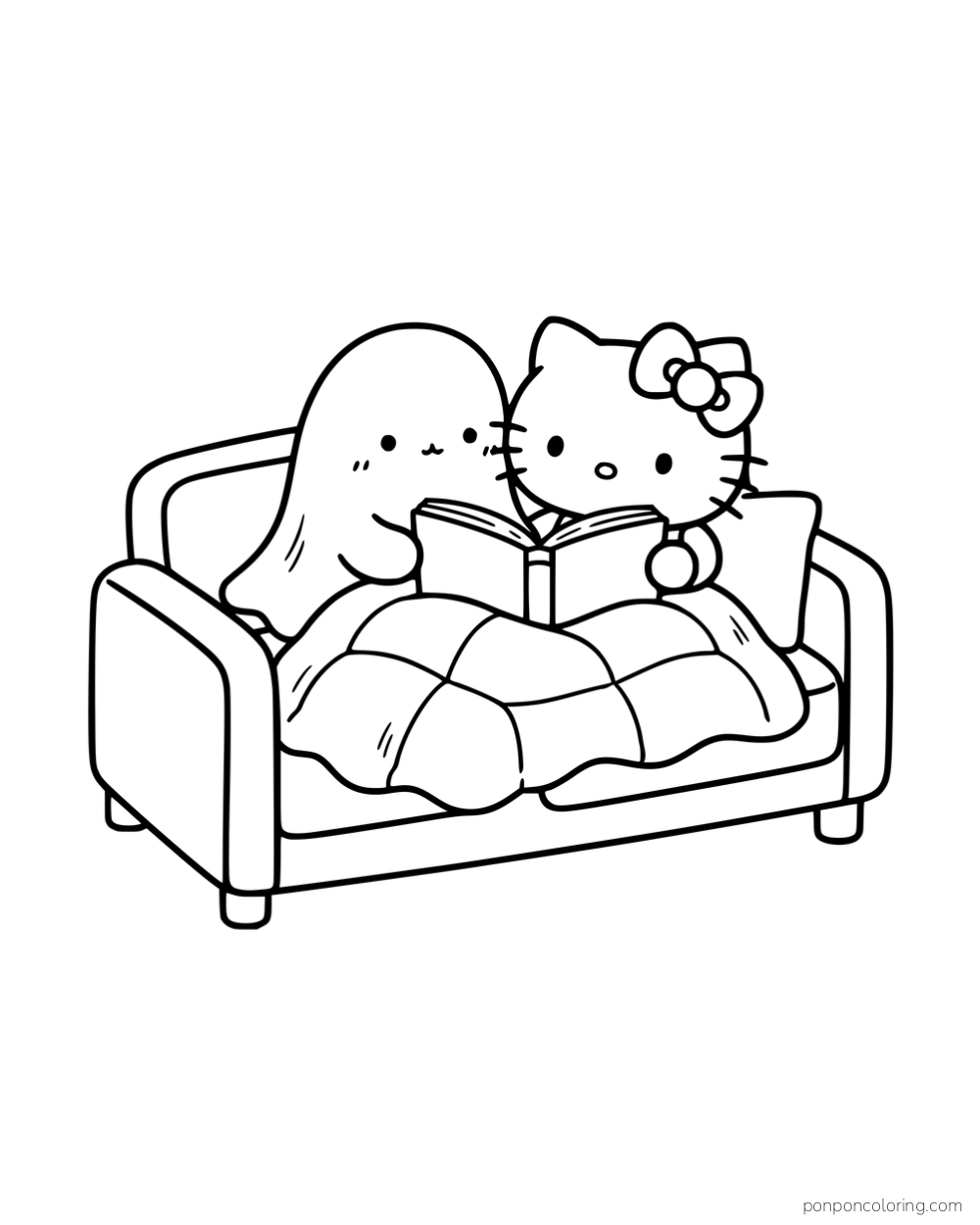 Hello Kitty and a long bedsheet ghost reading a book under a blanket on a sofa.