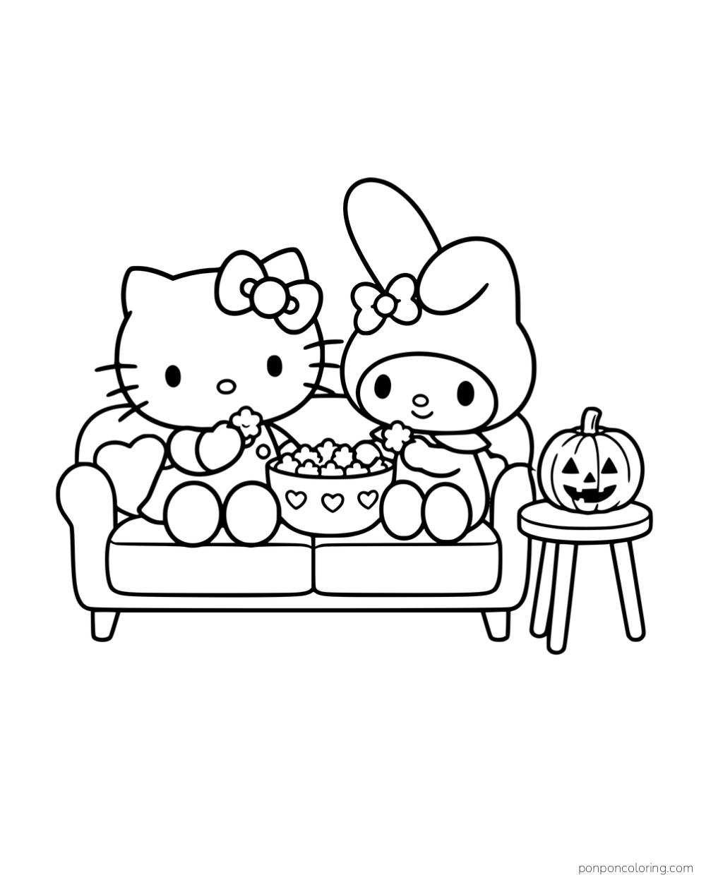 Hello Kitty and My Melody sharing popcorn on a sofa beside a pumpkin lantern.
