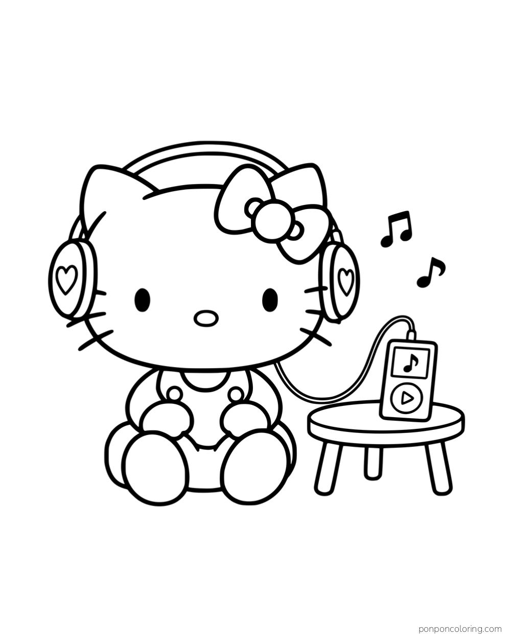 Hello Kitty wearing headphones connected to a music player on a stool.