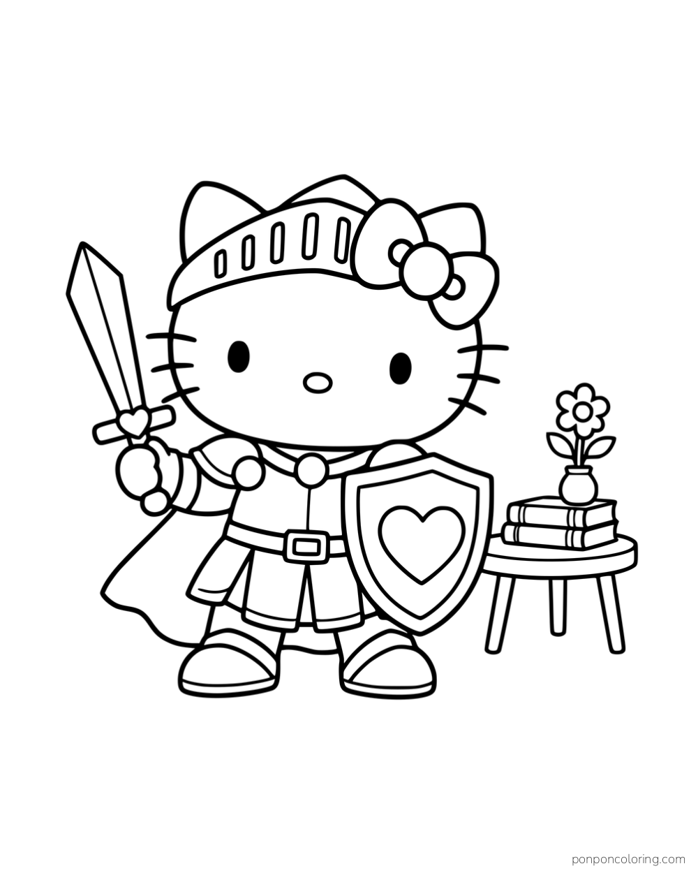 Hello Kitty wearing knight armor and holding a sword and heart shield.