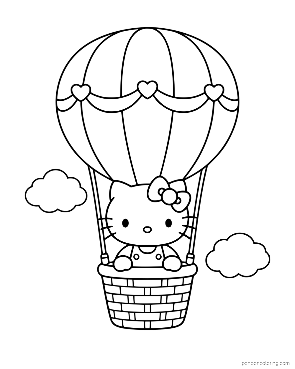 Hello Kitty riding in the basket of a hot-air balloon between two clouds.