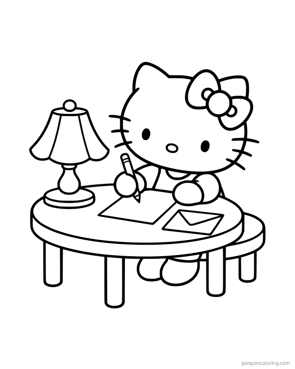 Hello Kitty writing a letter at a table beside a lamp and an envelope.