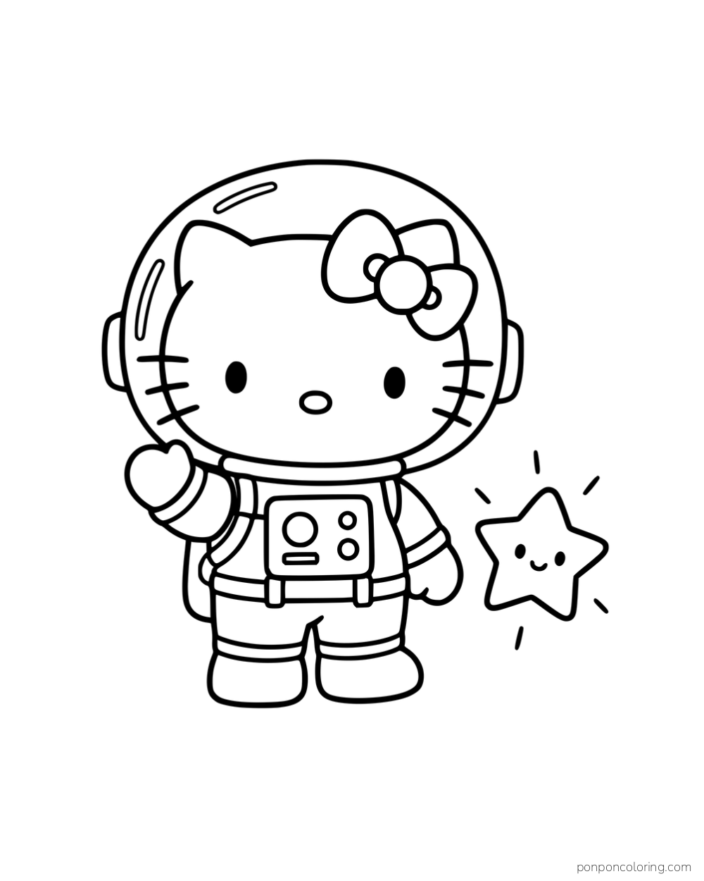 Hello Kitty wearing an astronaut suit and waving beside a star.