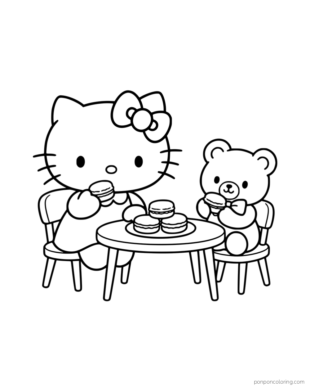 Hello Kitty and a teddy bear holding macarons beside a shared plate at a small table.
