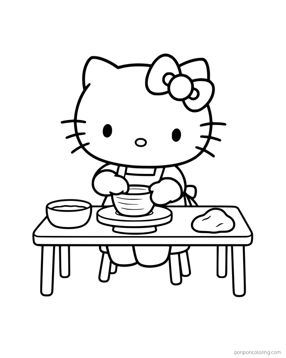 Hello Kitty shaping a clay pot on a small pottery wheel at a table.