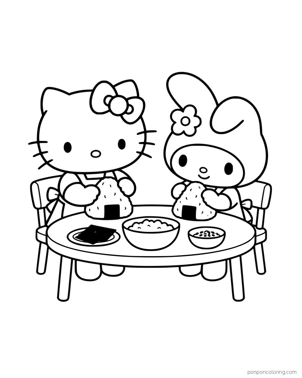 Hello Kitty and My Melody shaping rice balls beside bowls and a plate of seaweed.