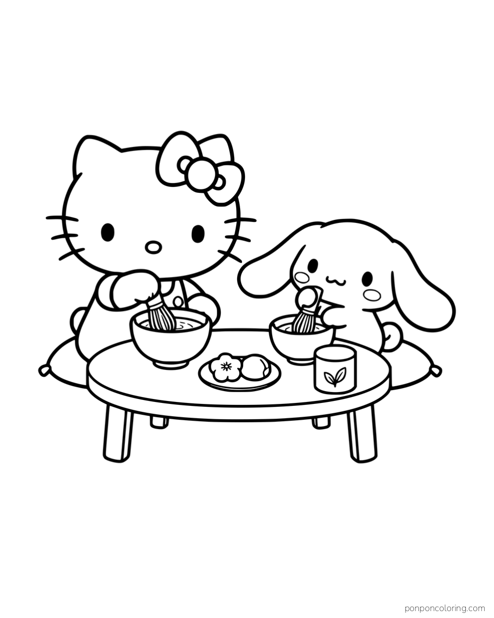 Hello Kitty and Cinnamoroll whisking drinks in bowls at a low table.