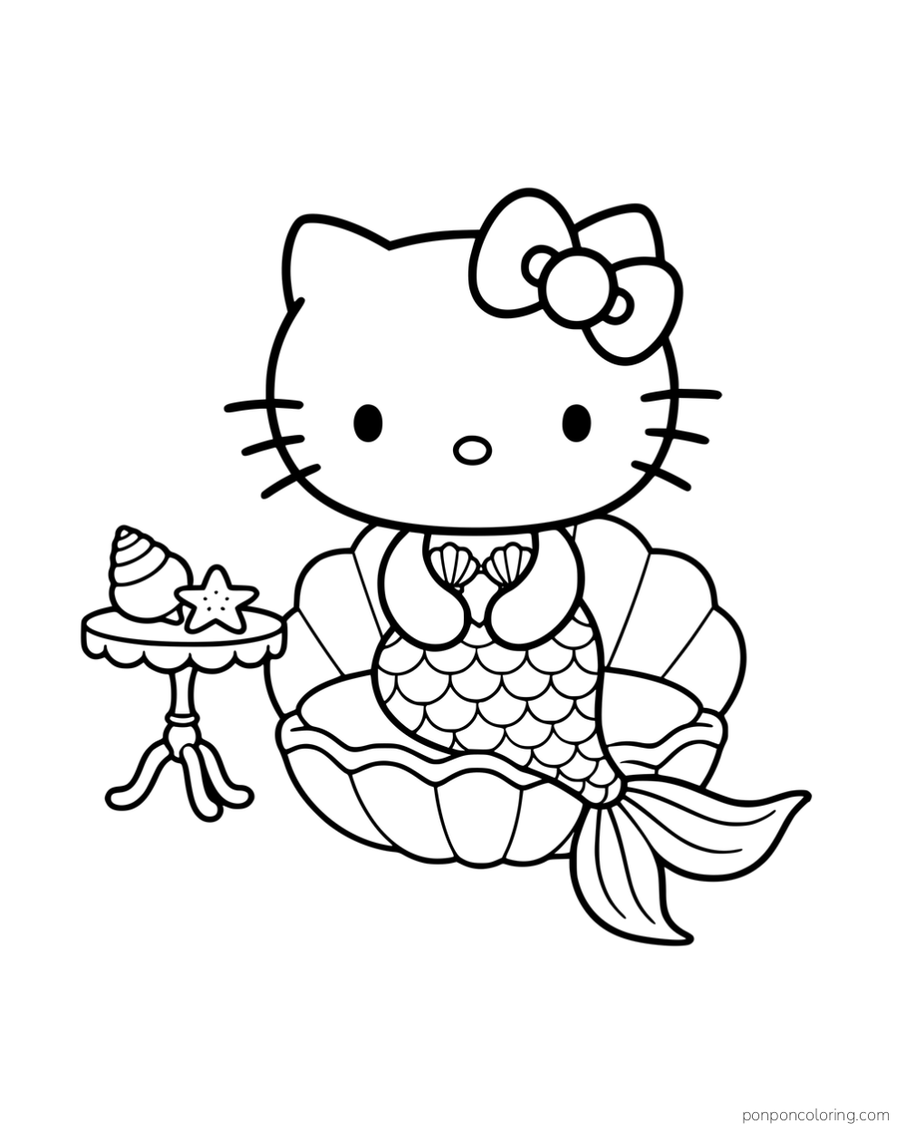 Hello Kitty with a mermaid tail sitting in a large seashell.
