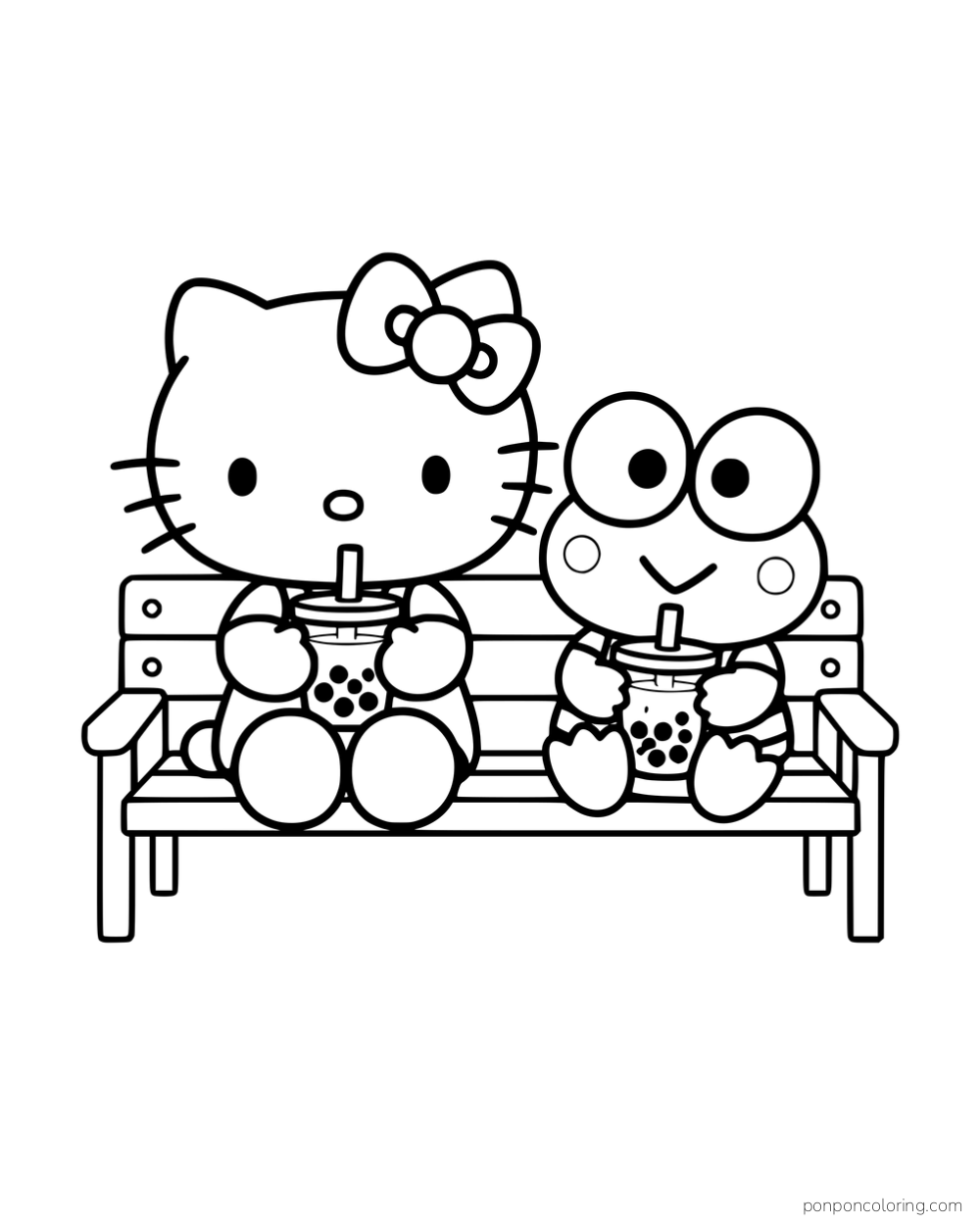 Hello Kitty and Keroppi drinking bubble tea on a park bench.