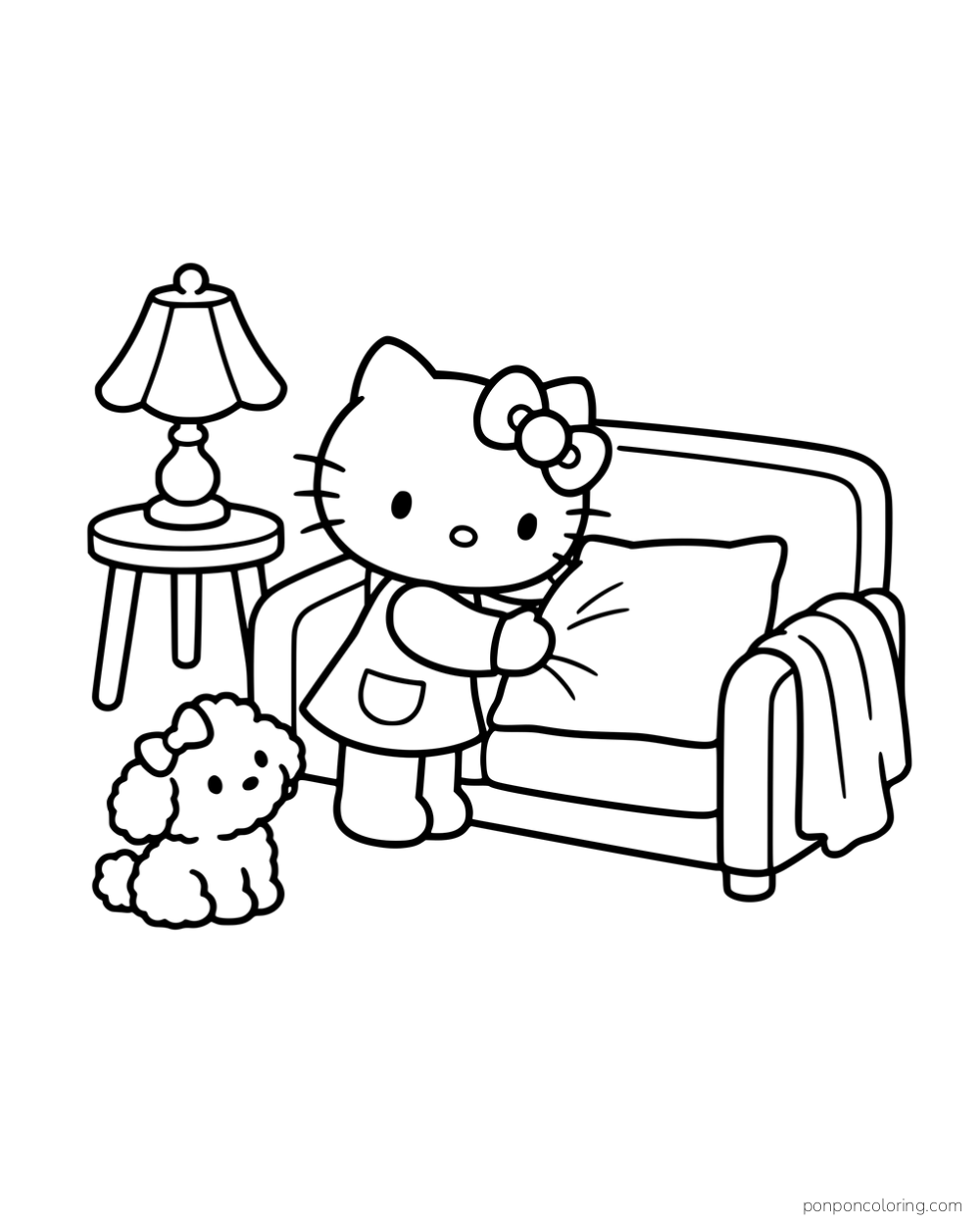 Hello Kitty fluffing a sofa cushion beside a little dog and a lamp.