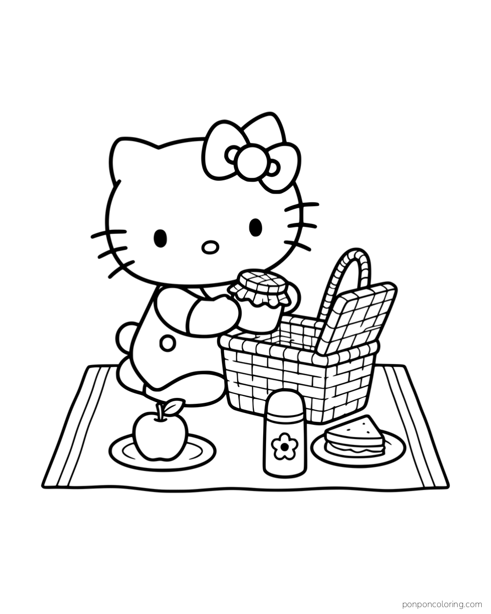 Hello Kitty opening a picnic basket on a blanket beside an apple, a thermos, and a sandwich.