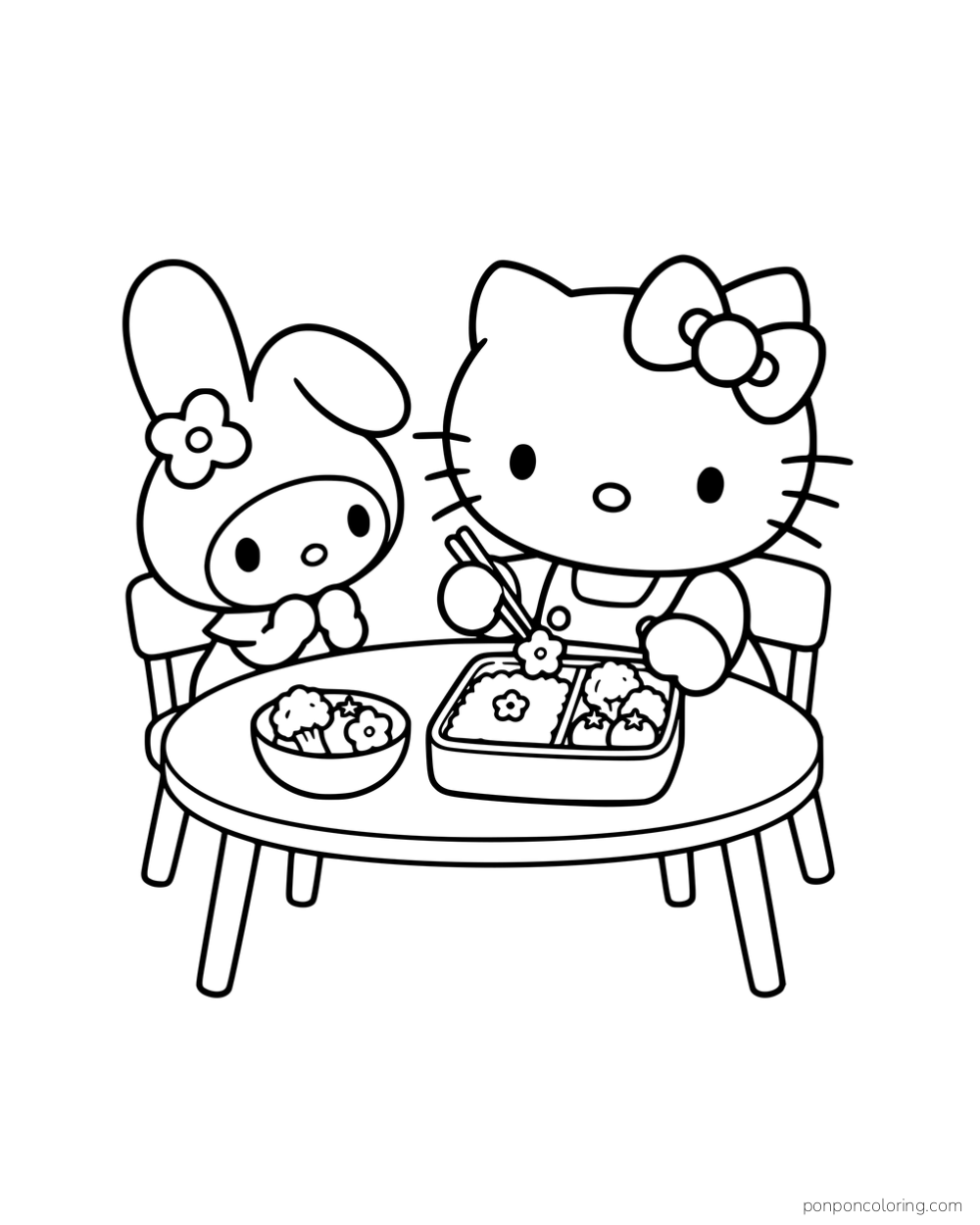 Hello Kitty and My Melody arranging food in a divided lunch box at a table.