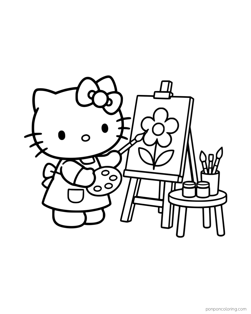 Hello Kitty painting a flower on an easel beside paint pots and brushes.