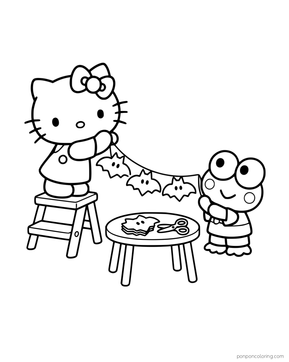 Hello Kitty and Keroppi hanging paper bats beside a table with scissors and paper.