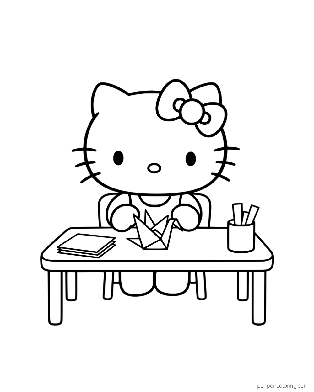 Hello Kitty folding an origami crane at a table with paper and pencils.