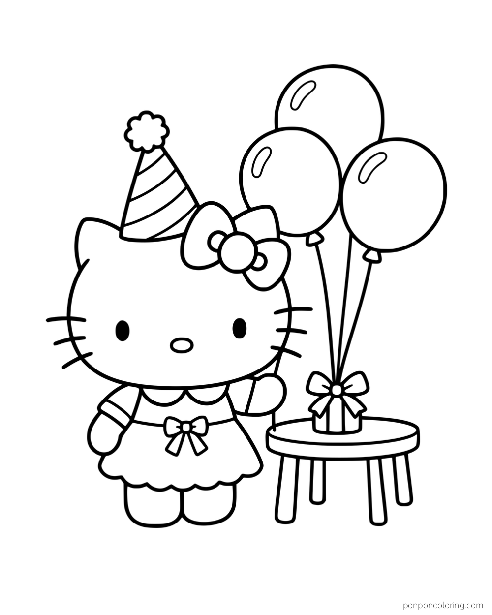 Hello Kitty wearing a party hat and holding three balloons beside a present.