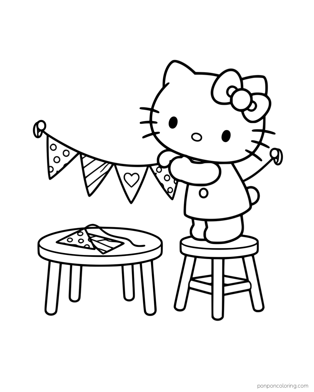 Hello Kitty standing on a stool and holding a string of party bunting.
