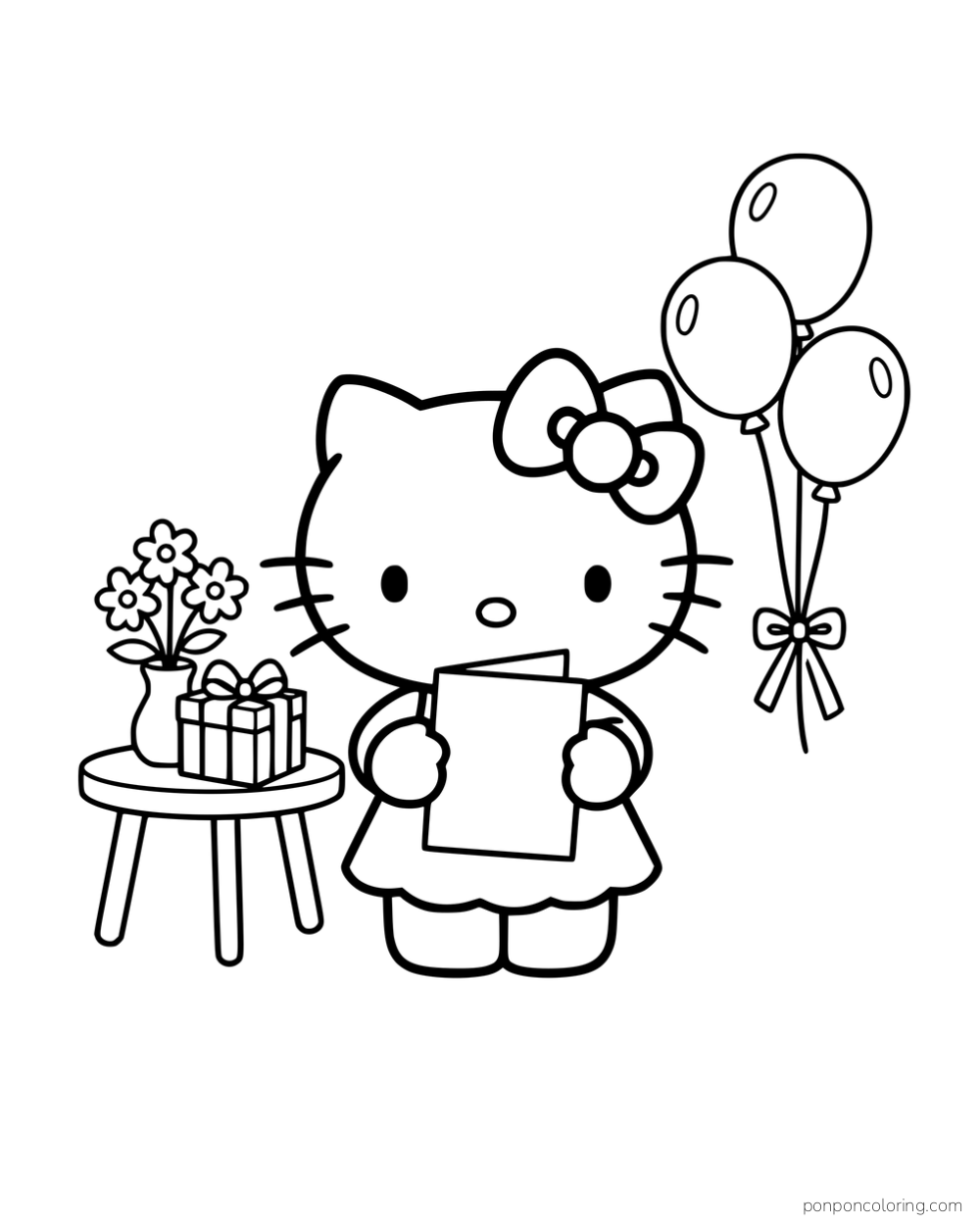Hello Kitty holding a blank card beside balloons, flowers, and a wrapped gift.