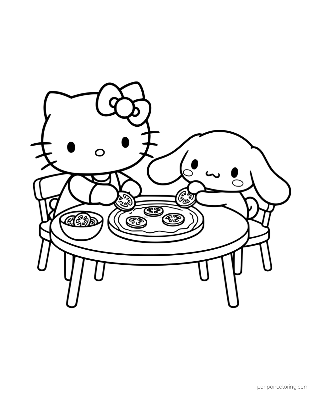 Hello Kitty and Cinnamoroll adding toppings to a pizza at a round table.