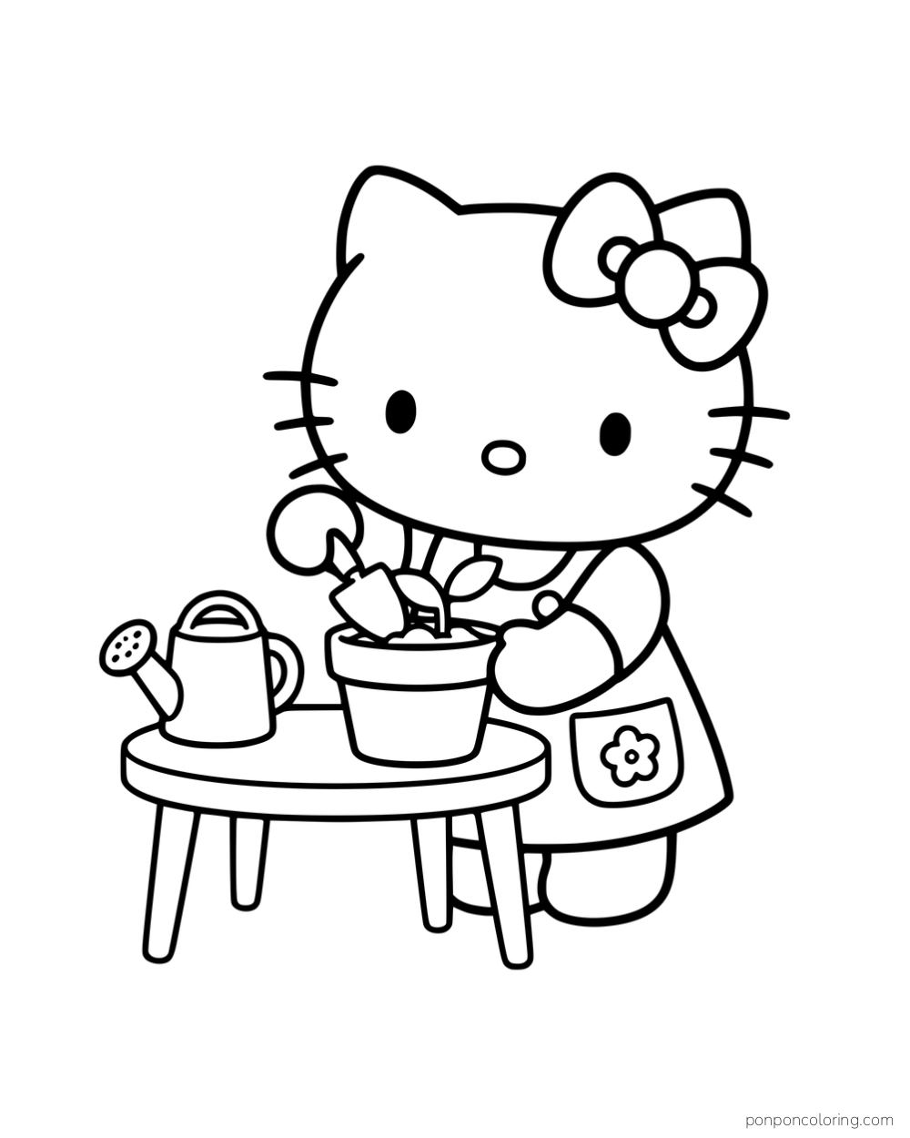 Hello Kitty planting a seedling in a pot beside a watering can on a small table.