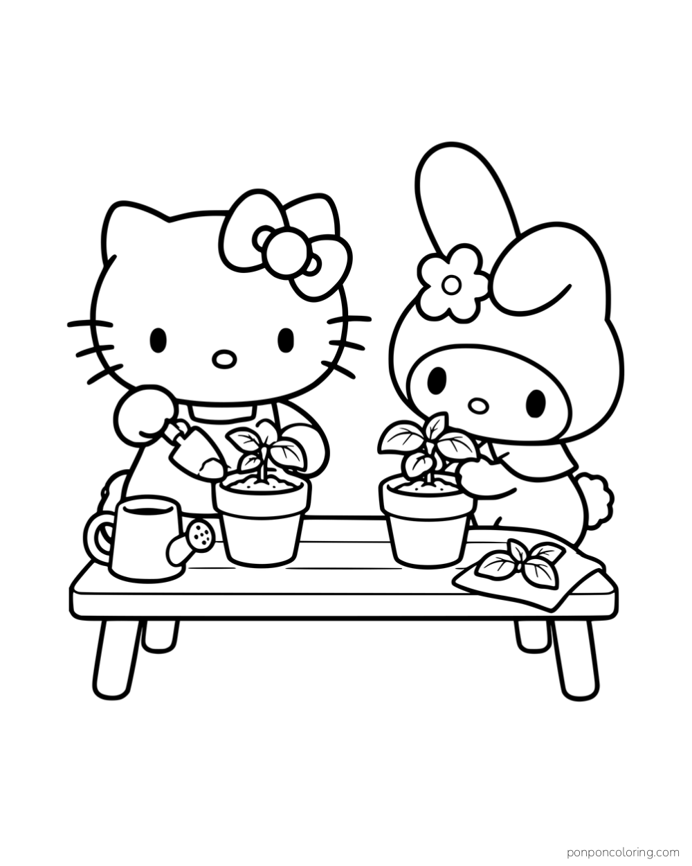 Hello Kitty and My Melody planting herbs in two flowerpots on a low table.