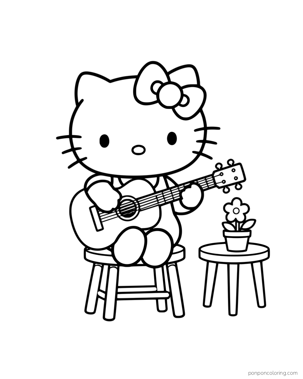 Hello Kitty playing a guitar while sitting on a tall stool.