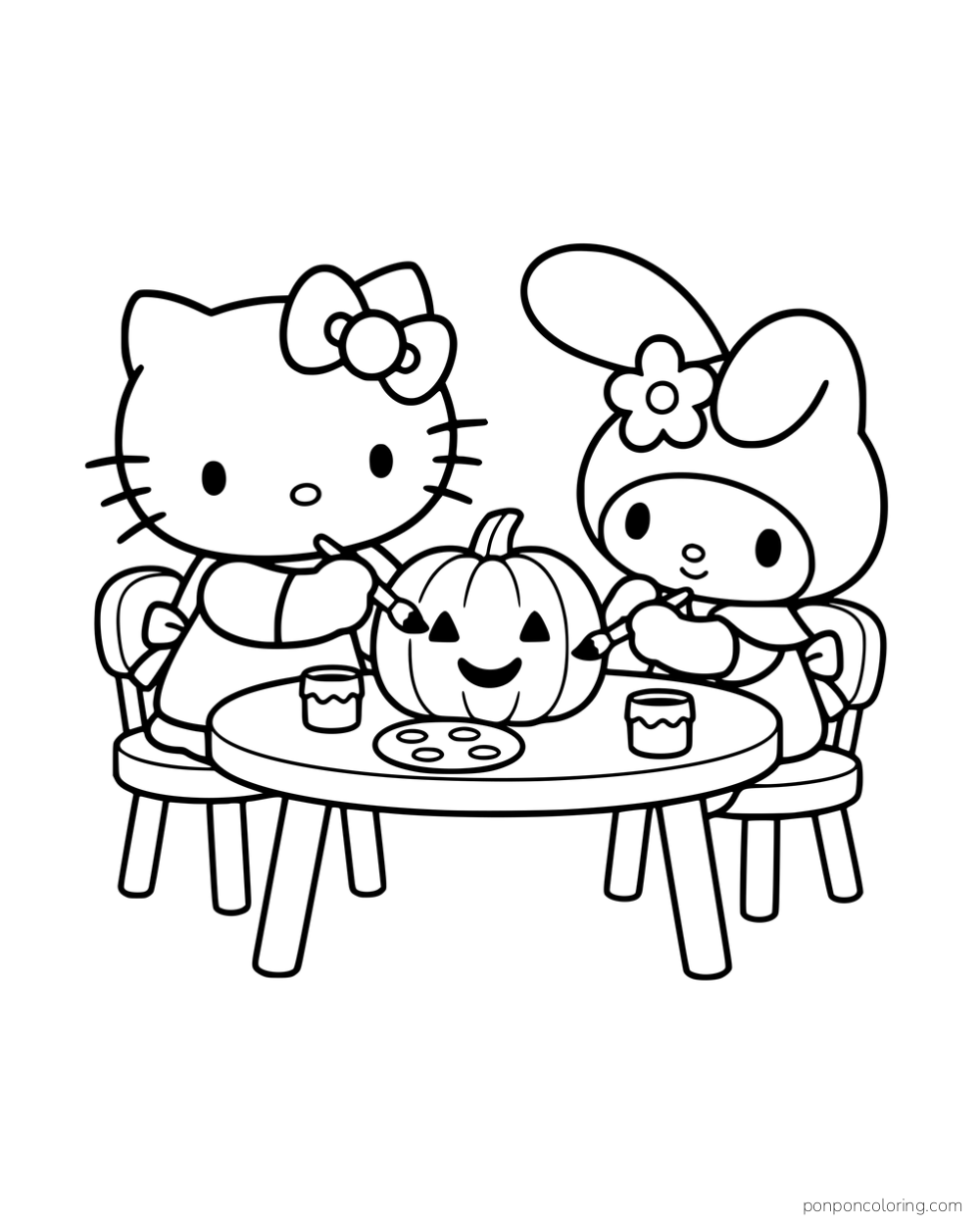Hello Kitty and My Melody painting a pumpkin face at a table with paint pots and a palette.