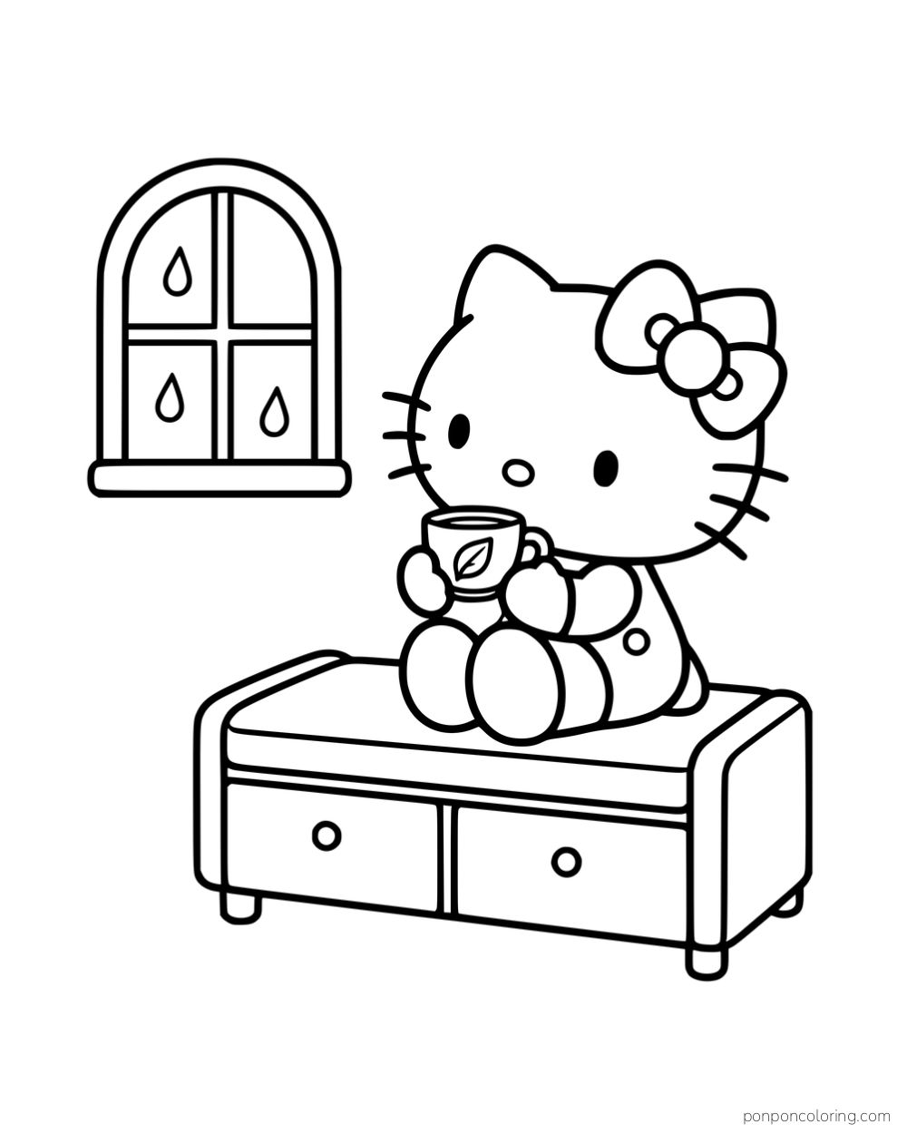 Hello Kitty holding a leaf-patterned mug on a window bench beside an arched window with raindrops.