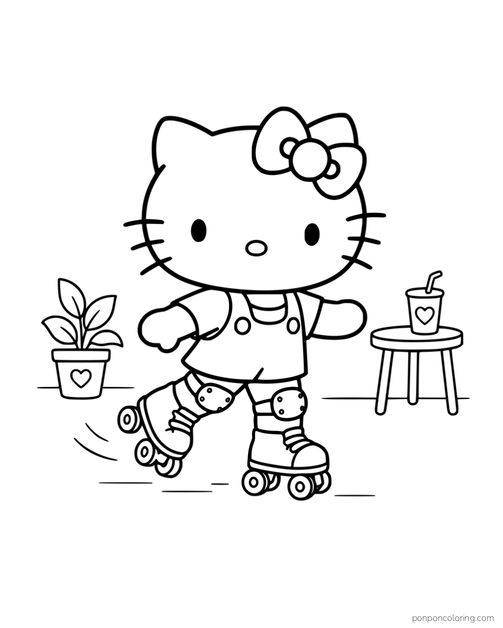 Hello Kitty wearing roller skates and knee pads beside a drink on a stool.